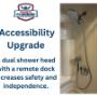 A recent repair had us install this dual head shower with a remote dock to improve accessibility. A recent repair had us install this dual head shower with a remote dock to improve accessibility.
