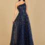 A-line, one shoulder gown with a detachable strap features shimmering beads. A versatile look which works for a wide range of events! A-line, one shoulder gown with a detachable strap features shimmering beads. A versatile look which works for a wide range of events!