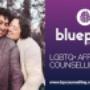 A queer couple embrace as their cheeks touch. The text reads LGBTQ+ affirming counselling. A queer couple embrace as their cheeks touch. The text reads LGBTQ+ affirming counselling.