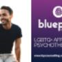 A man wearing a black shirt and polka dot shorts smiles. The text reads "LGBTQ+ affirming psychotherapy. A man wearing a black shirt and polka dot shorts smiles. The text reads "LGBTQ+ affirming psychotherapy.